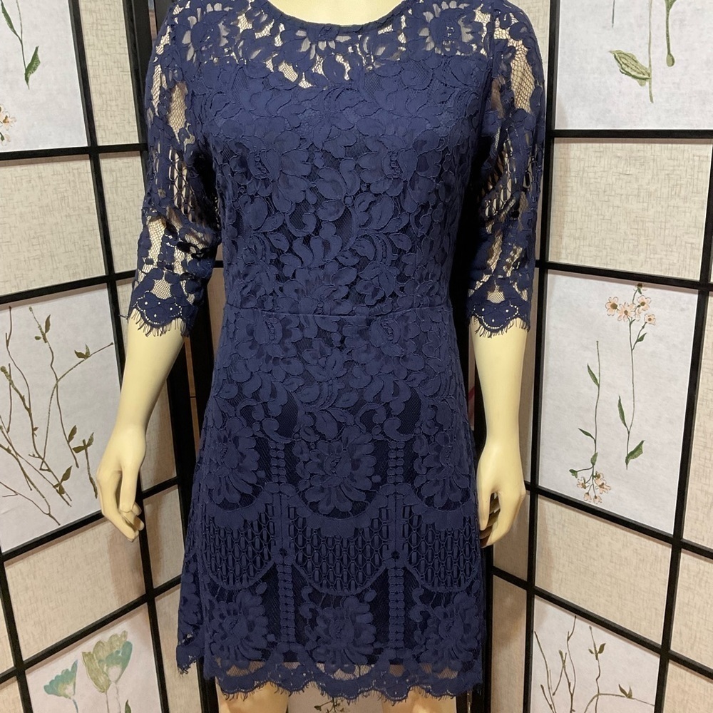 Mslg Navy Blue Lace 3/4 Sleeve Special Occasion Dress